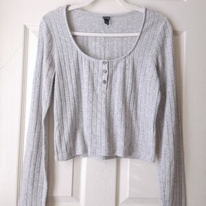 Wild Fable Ribbed Henley Long Sleeve Top Light Heather Grey